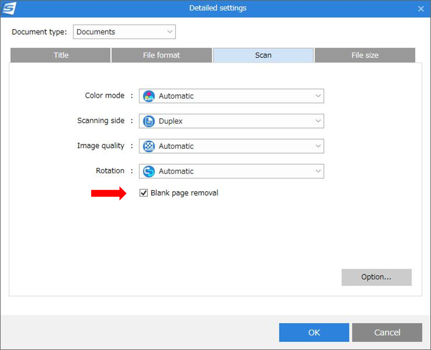 ScanSnap Home Software - Scan Tab check box for blank page removal.