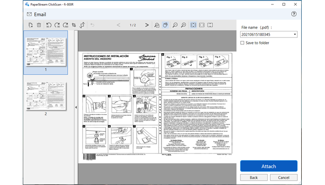 PaperStream ClickScan Save or Attached Software UI