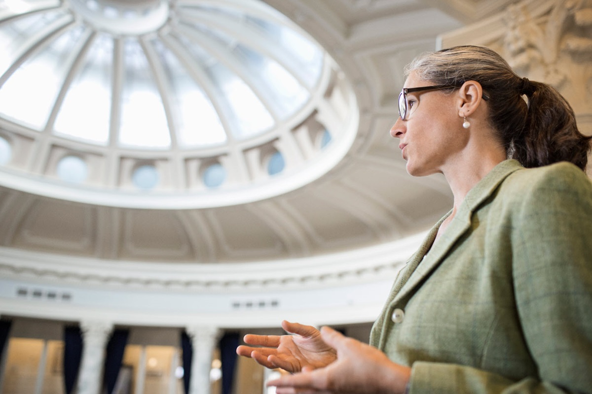 A politician delivers a speech in a government agency.