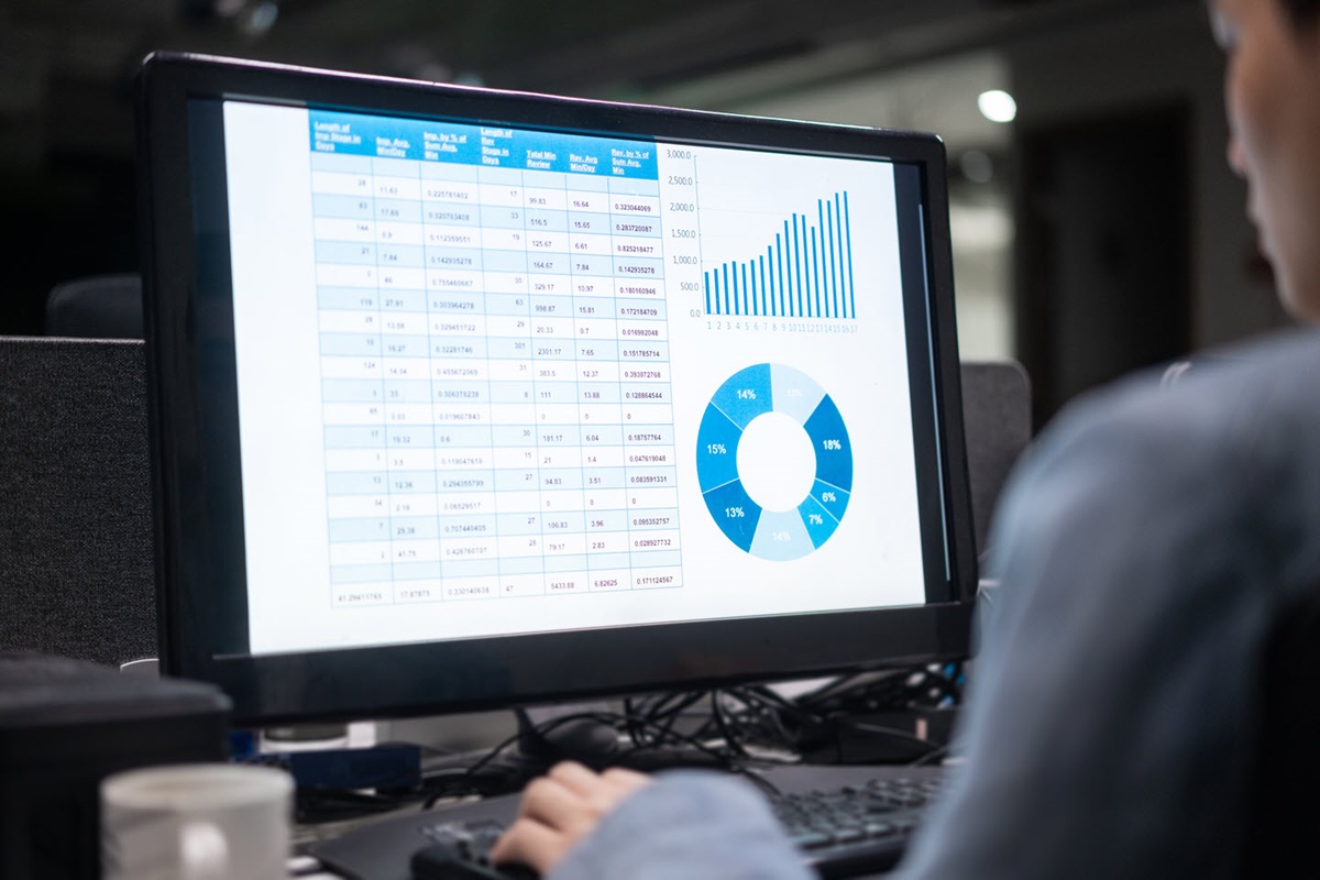 A man works at a computer displaying tables full of data beside charts illustrating that data.