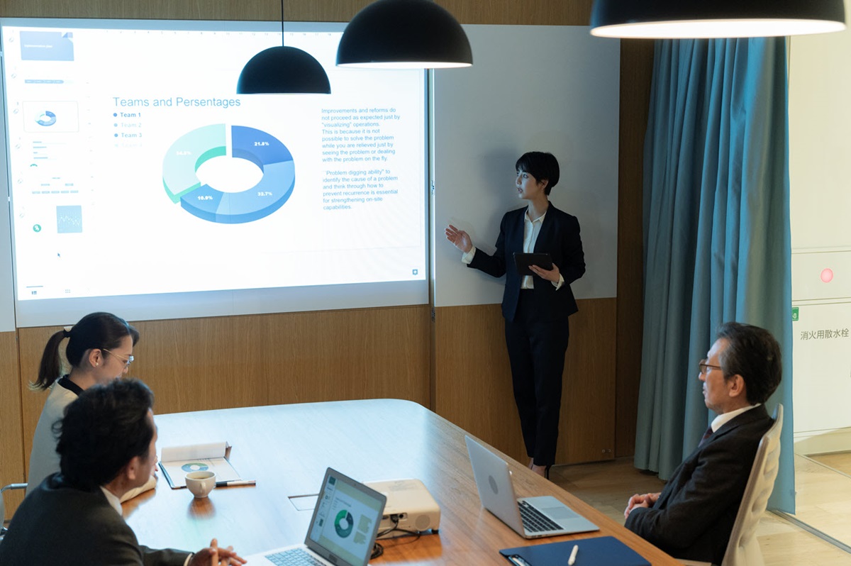 A woman standing next to a projected image gives a presentation to three coworkers sitting at a table.