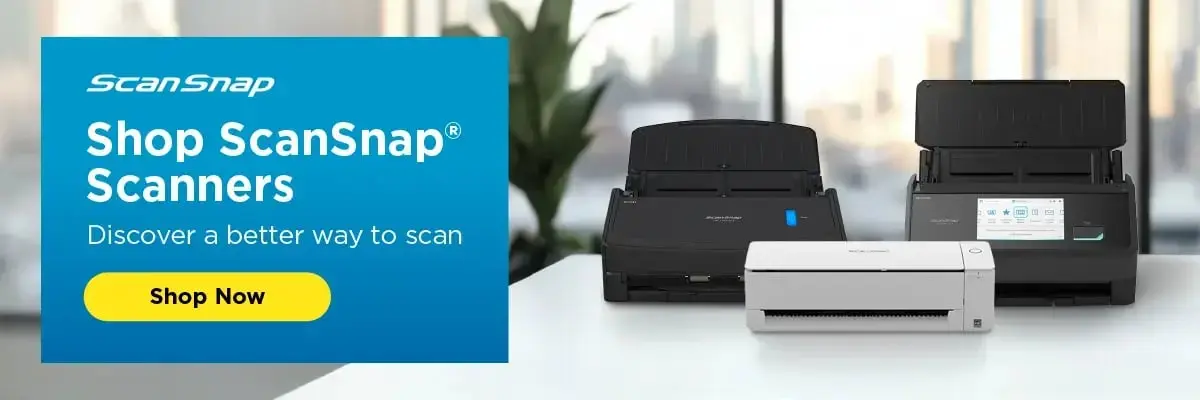 ScanSnap document scanner promotion with yellow Shop Now button for fast, easy, and efficient scanning solutions.