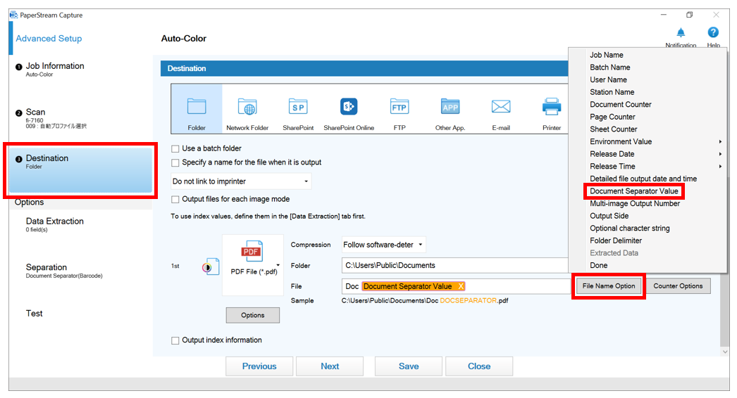 Automatic file naming using barcode or QR code details based on how codes appear on each page.