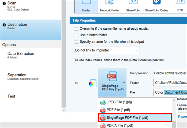 PaperStream Capture Pro interface showing options for single‑page or multi‑page PDF output.