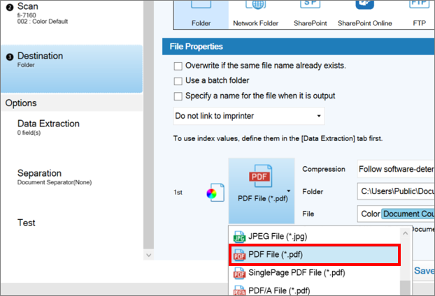 PaperStream Capture Pro interface showing options for single‑page or multi‑page PDF output.