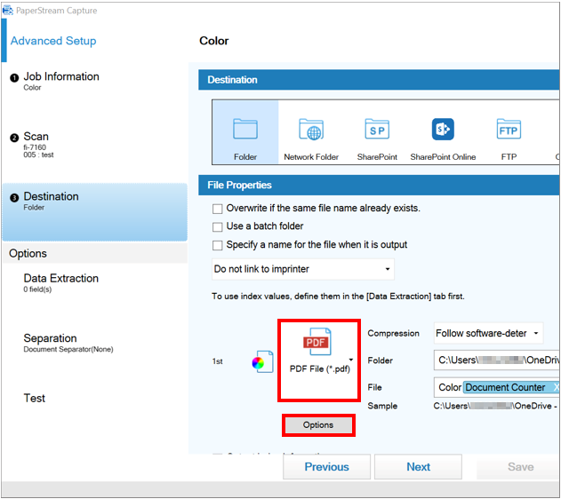 Software interface showing PaperStream Capture Pro creating searchable PDFs with OCR.