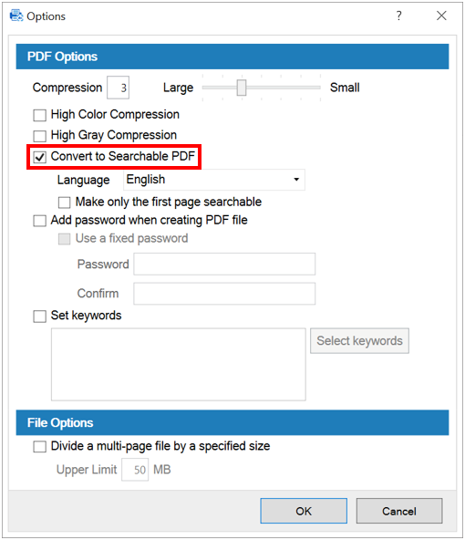 Software interface showing PaperStream Capture Pro creating searchable PDFs with OCR.