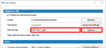 Software interface showing PaperStream Capture Pro creating searchable PDFs with OCR.