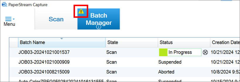 Troubleshooting Batch Manager stuck on ‘In Progress’ by verifying warning icons.