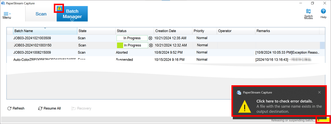 Troubleshooting Batch Manager stuck on ‘In Progress’ by verifying warning icons.