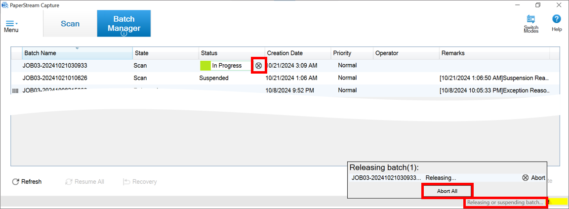 Troubleshooting Batch Manager stuck on ‘In Progress’ by verifying warning icons.