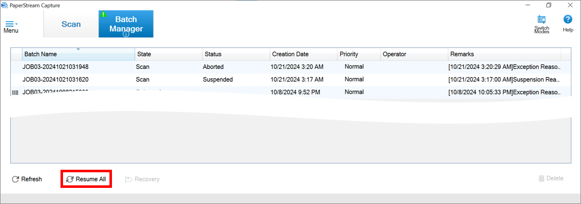 Troubleshooting Batch Manager stuck on ‘In Progress’ by verifying warning icons.
