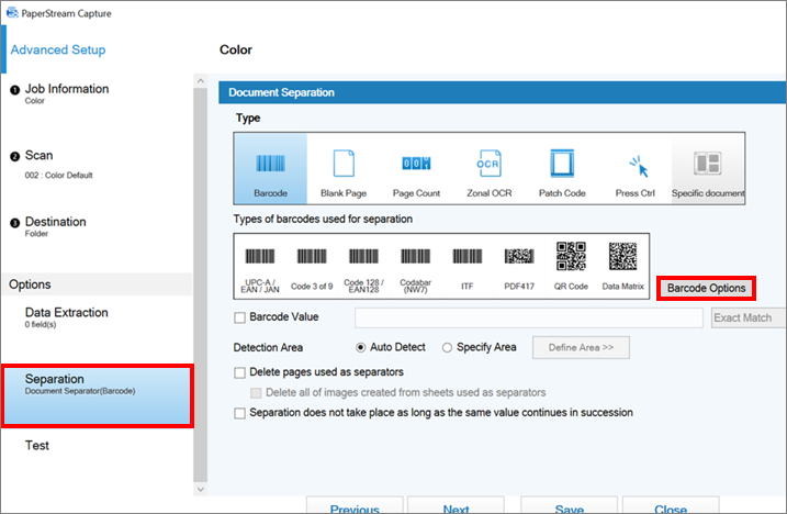 PaperStream Capture Pro screen showing the Separation tab with the Barcode Options button selected.