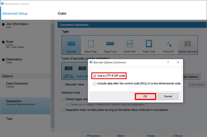 Software screen showing the Barcode Options dialog with the UTF‑8 QR code checkbox selected.