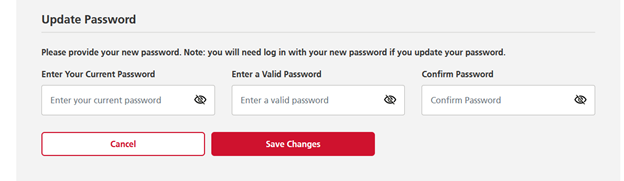 Screenshot of Update Password fields