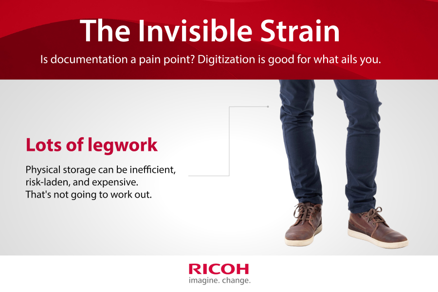 A man's legs alongside text which indicates that physical document storage leads to excessive leg strain.