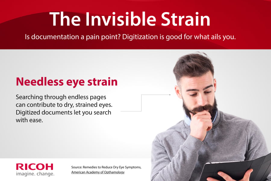 Abstract representation of a man experiencing eye strain caused by searching through excessive documents.