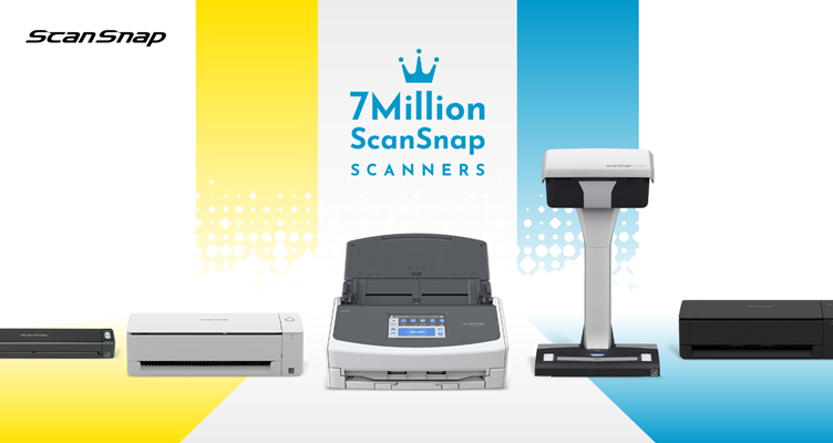 Lineup of ScanSnap scanners on white, yellow and blue background.