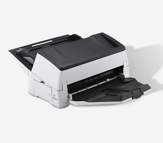 fi‑7600 high‑volume ADF production scanner with 300‑page hopper, showing open feeder and output trays