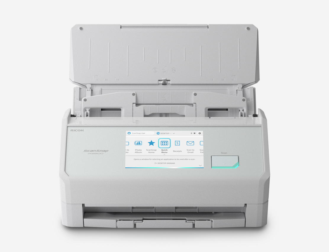 ScanSnap iX2500 scanner with touchscreen interface and open document feeder visible
