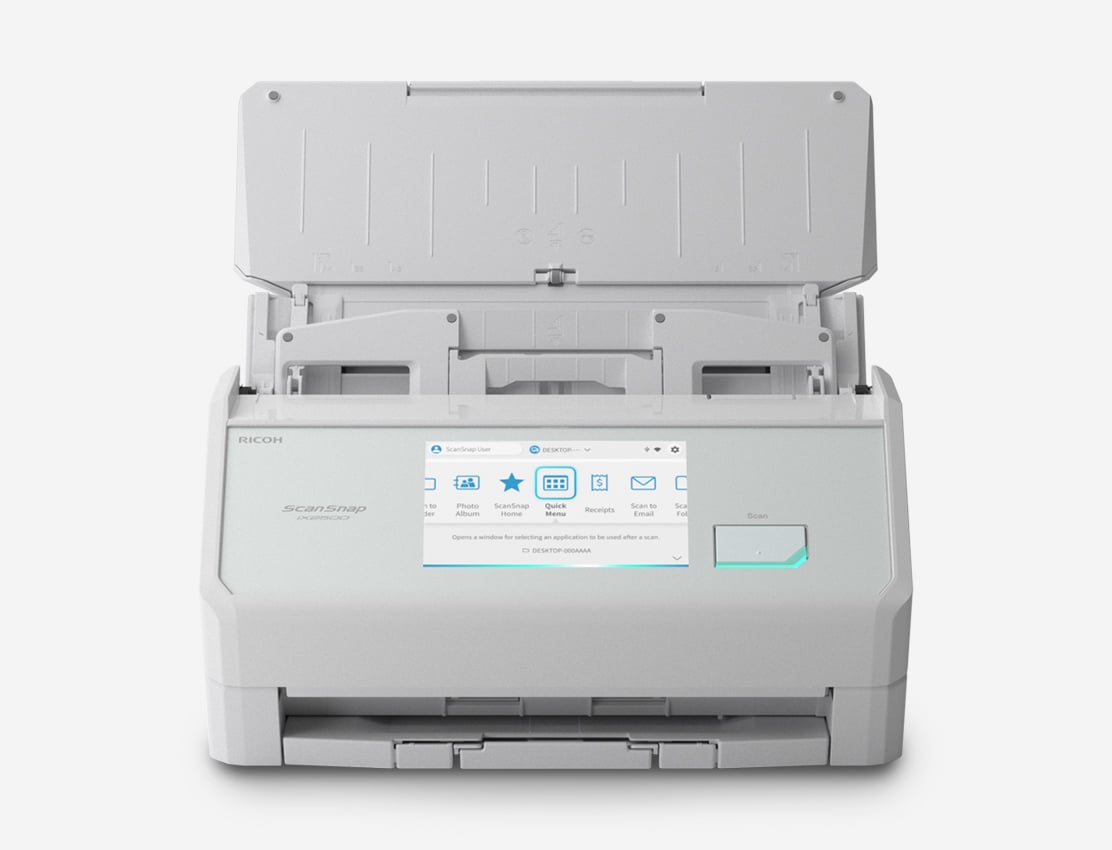ScanSnap iX2500 scanner with touchscreen interface and open document feeder visible
