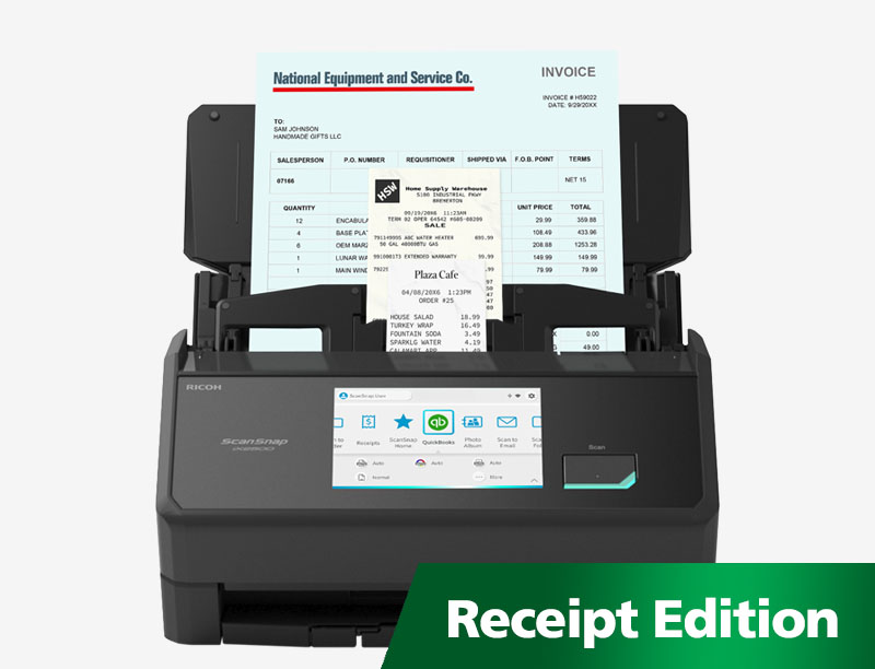 ScanSnap iX2500 Receipt Edition scanner with touchscreen and open feeder showing an invoice and receipts.