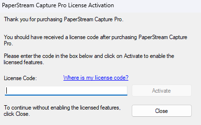 PaperStream Capture Pro License Activation interface with license code field and activate or close buttons.