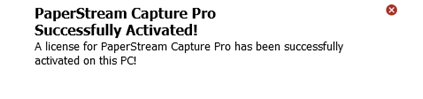 Message stating a license for PaperStream Capture Pro has been successfully activated on this PC.